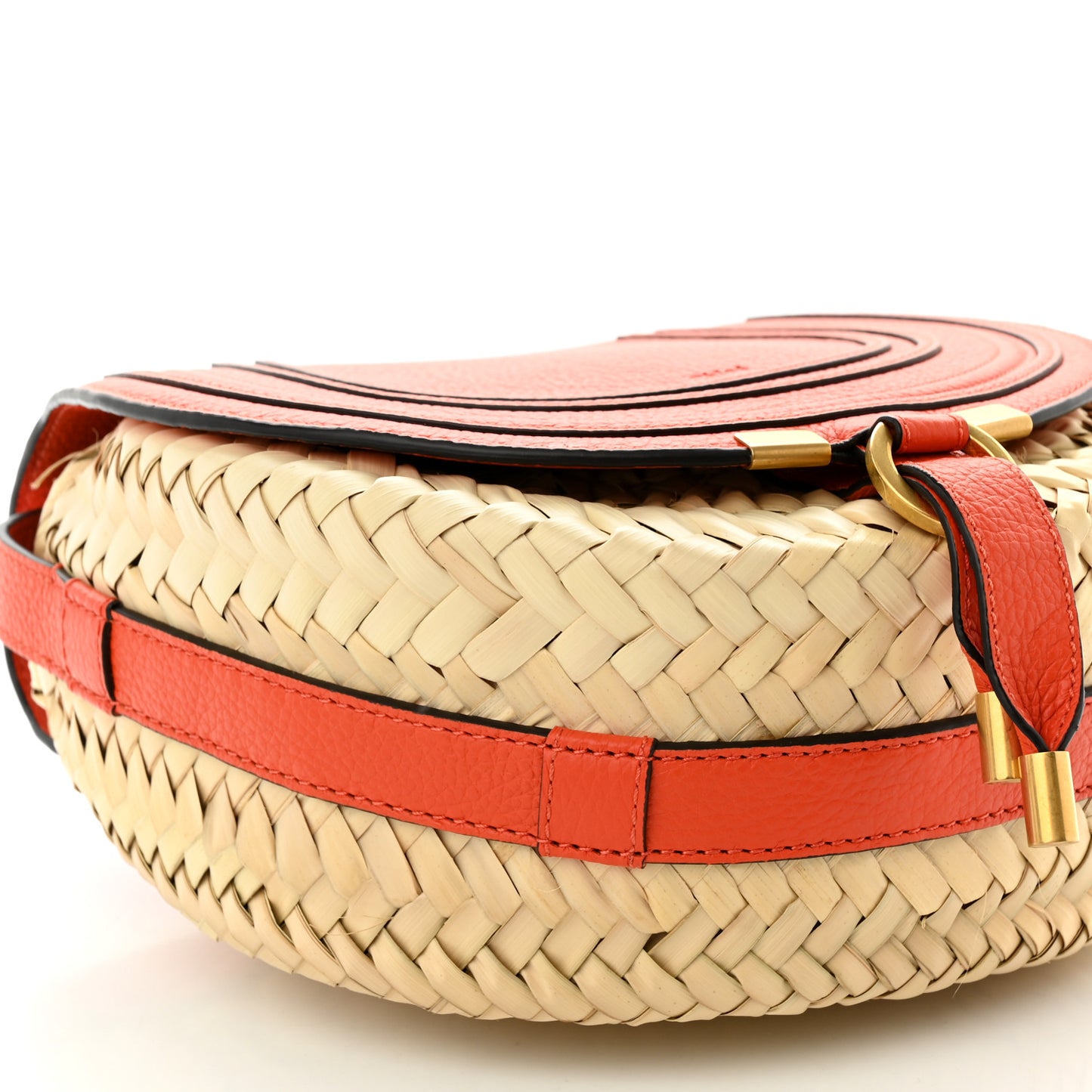 Grained Calfskin Palm Woven Small Marcie Basket Saddle Rusted Orange