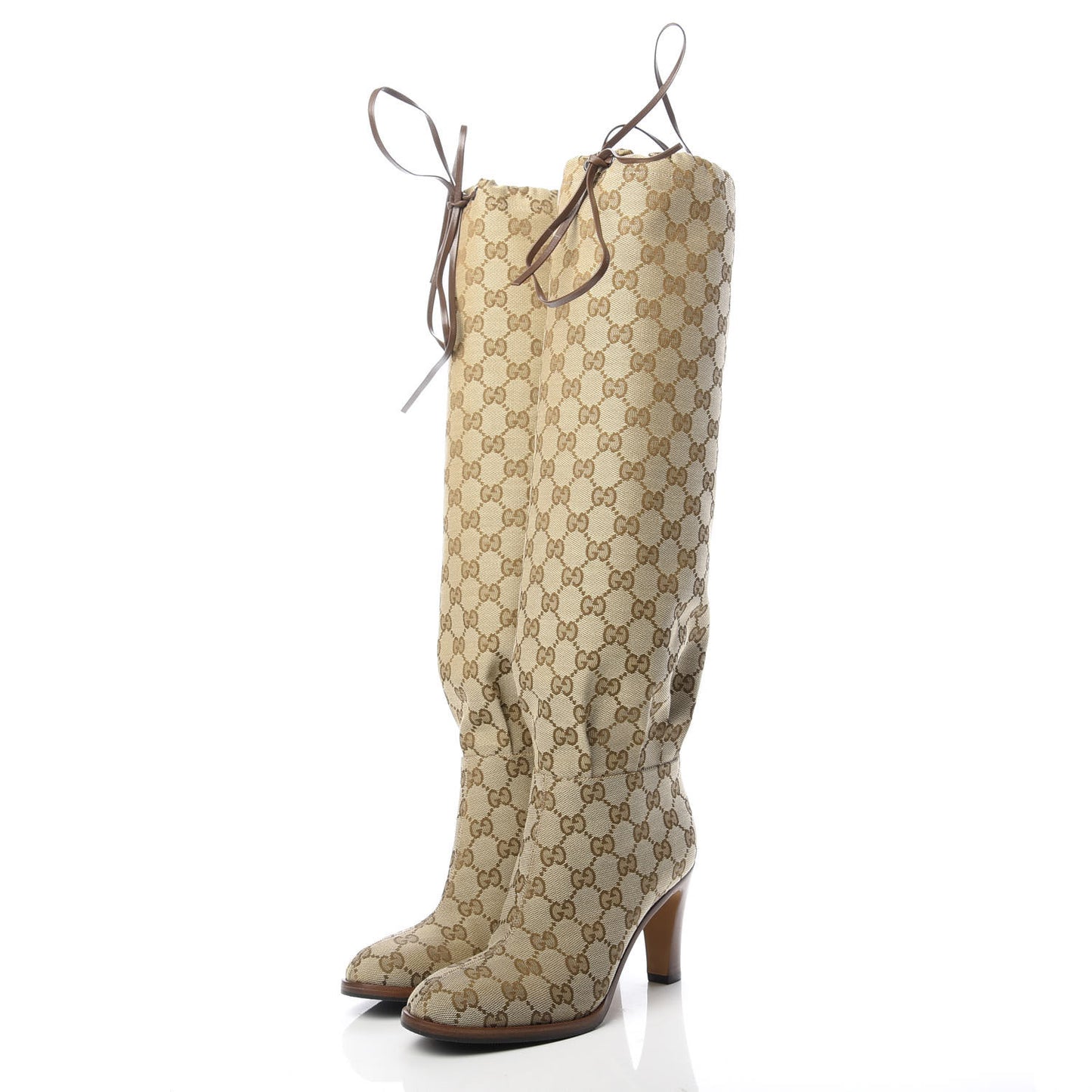 Monogram Malaga Kid Lisa Mid Heel Boots 35.5 Beige Ebony