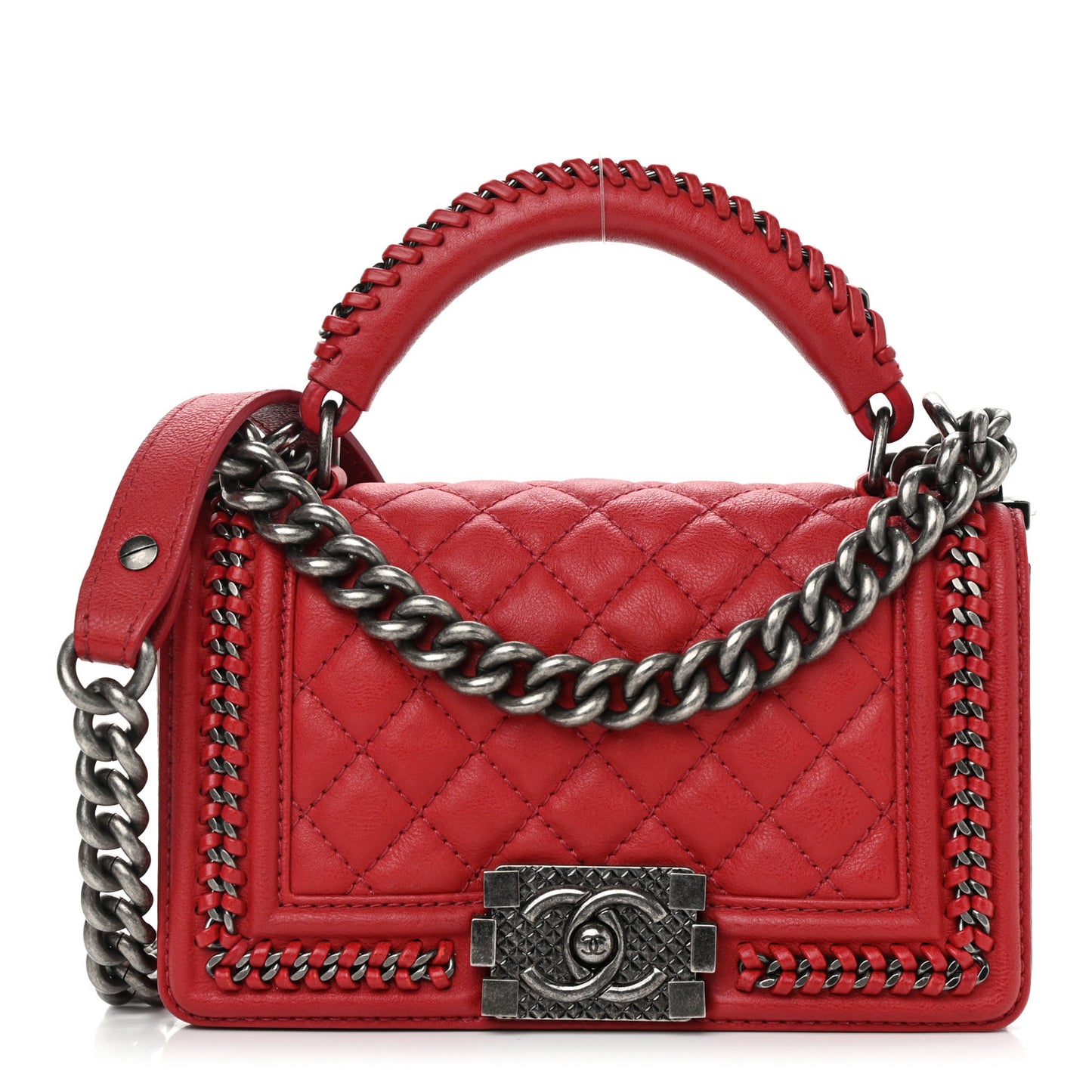 Calfskin Quilted Small Top Handle Boy Flap Red