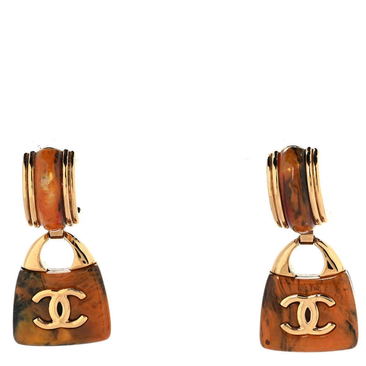 Chanel Metal Resin Marbled Enamel Handbag CC Drop Earrings  Gold Orange Black Red 1 of 4