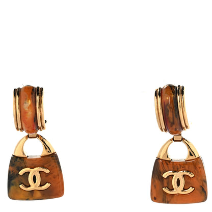 Chanel Metal Resin Marbled Enamel Handbag CC Drop Earrings  Gold Orange Black Red 1 of 4