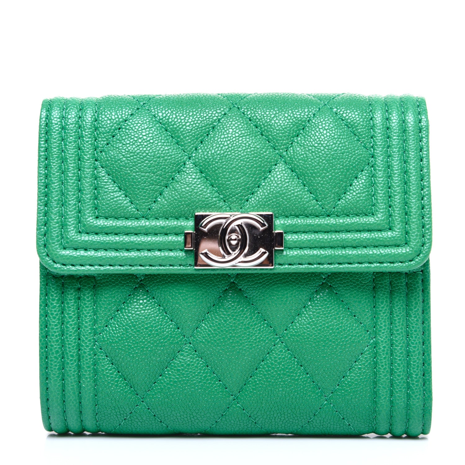 Chanel Caviar Quilted Compact Boy Wallet Green 1 of 12