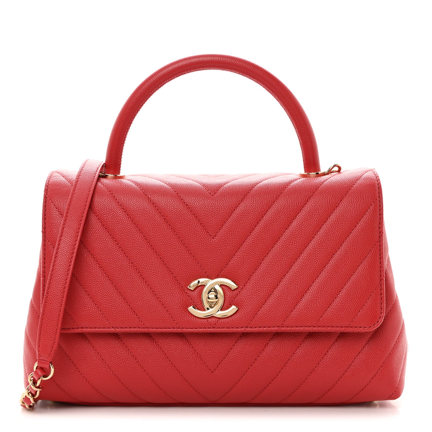 Caviar Chevron Quilted Small Coco Handle Flap Red