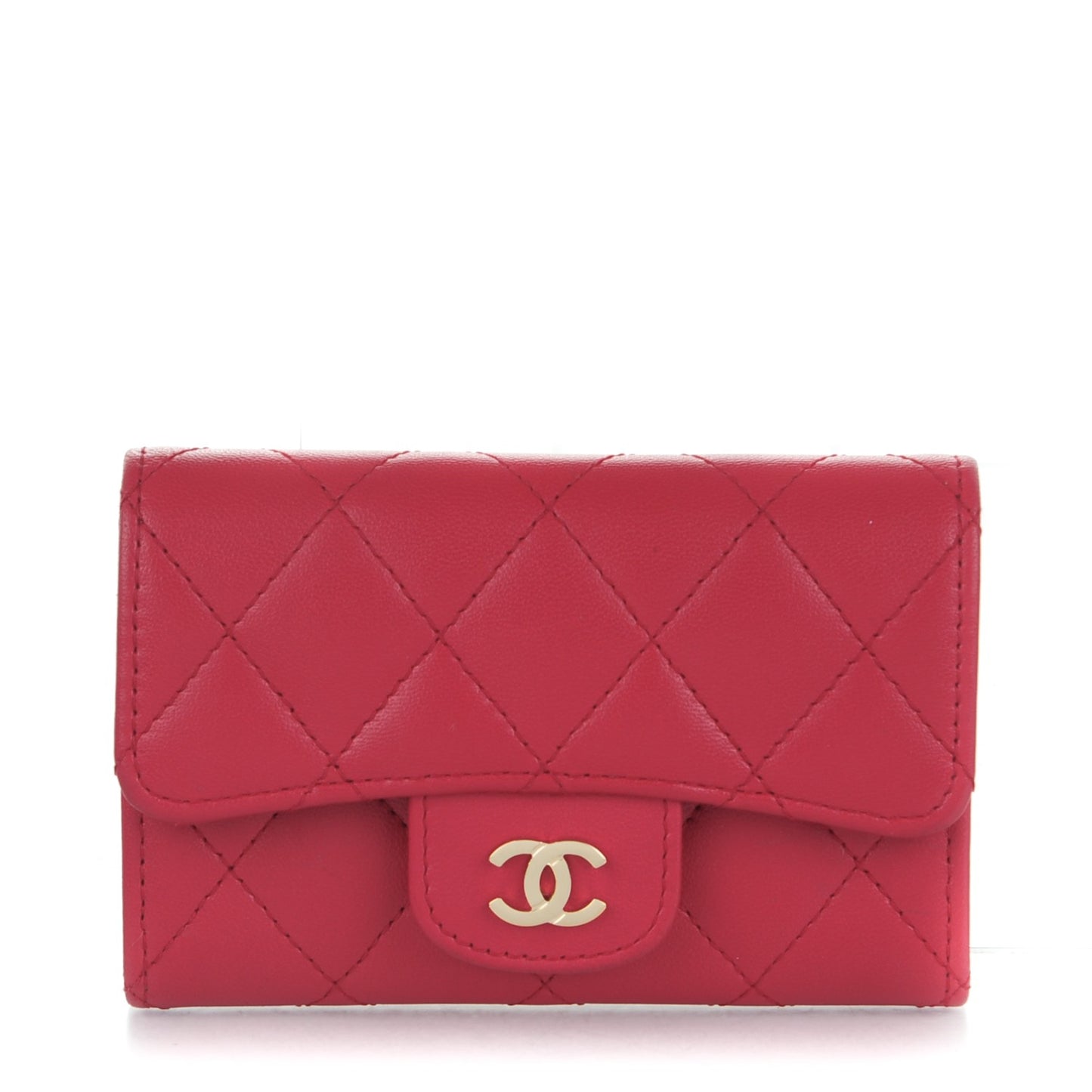 Lambskin Quilted Flap Card Holder Dark Pink