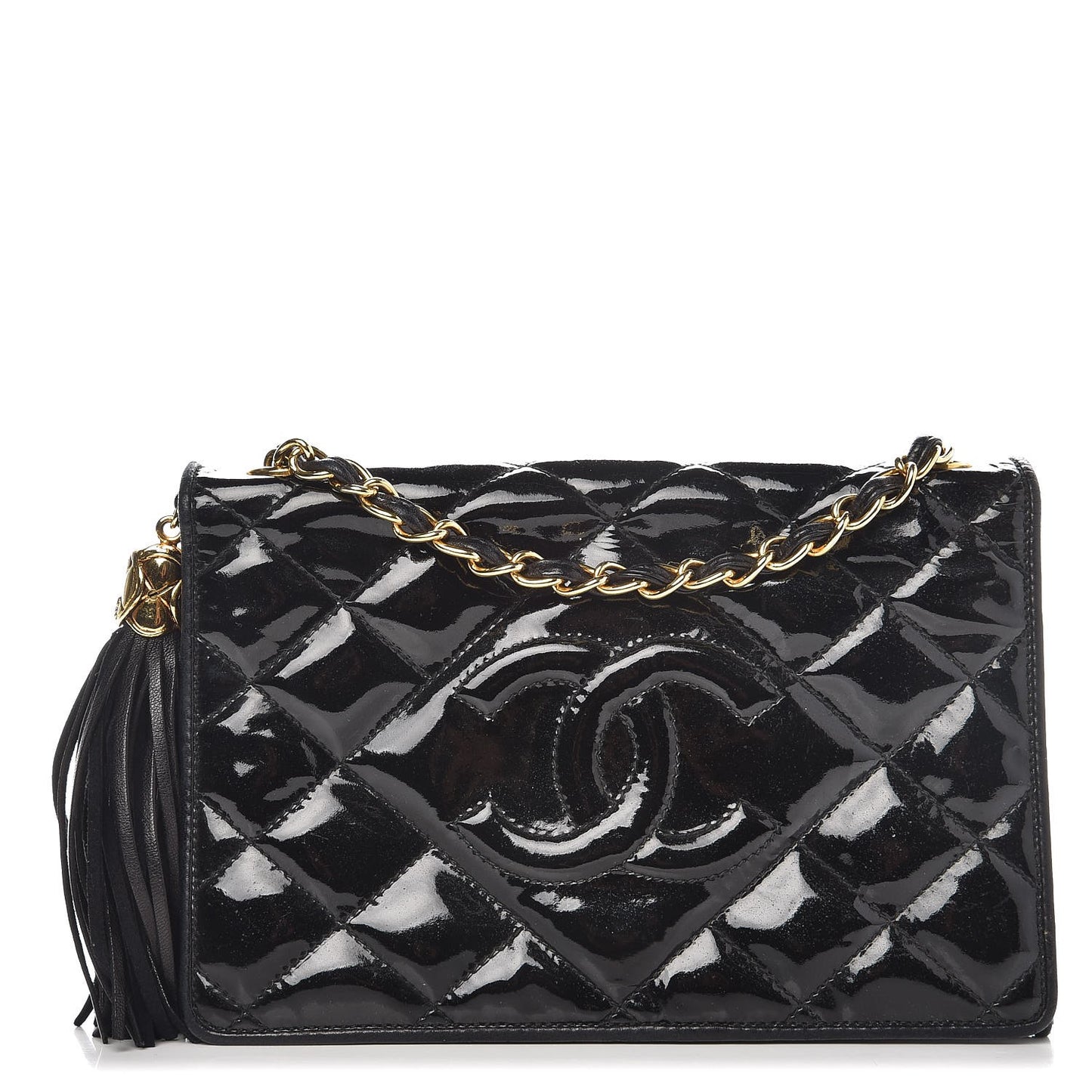 Patent Tassel Quilted Shoulder Bag Black