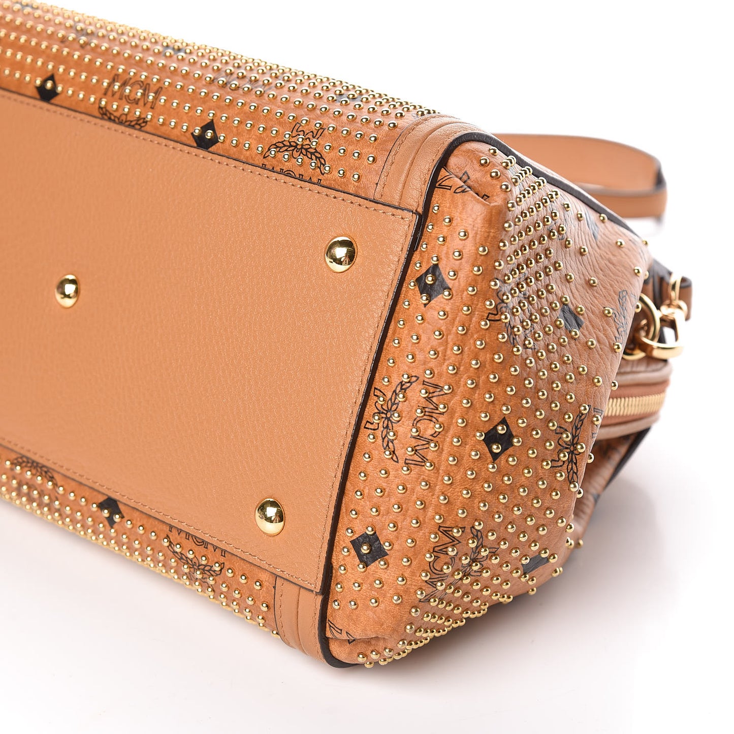 Visetos Studded Boston Satchel Cognac