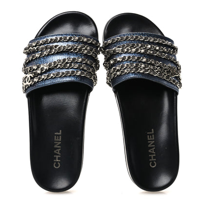 Chanel Fantasy Lambskin Chain Flat Sandals 40 Dark Blue 2 of 11