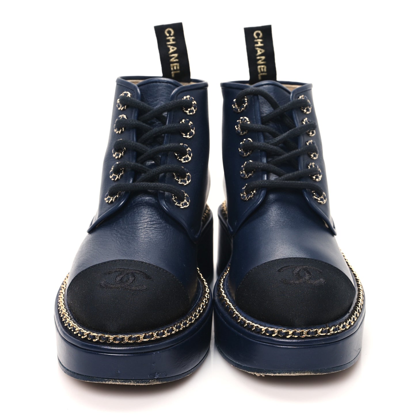 Calfskin Grosgrain Chain Lace Up CC Short Boots 36 Navy Black