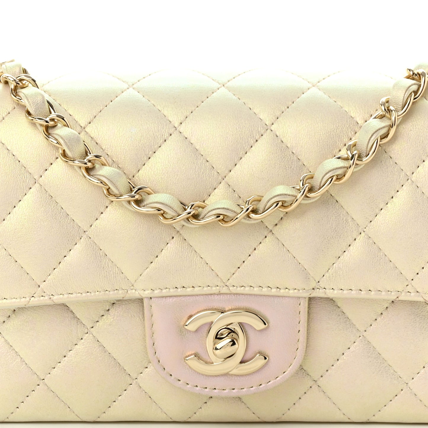 Iridescent Lambskin Quilted Mini Rectangular Flap Ivory