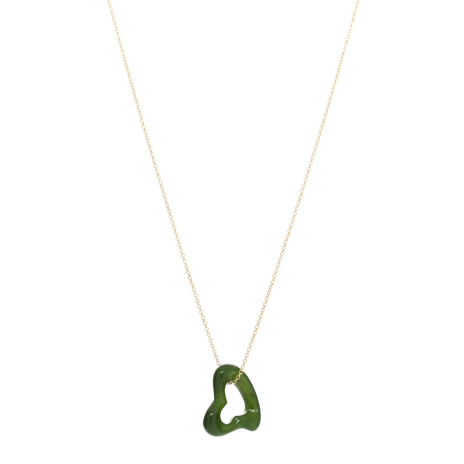 Tiffany 18K Yellow Gold Jade 23mm Elsa Peretti Open Heart Pendant Necklace 1 of 4