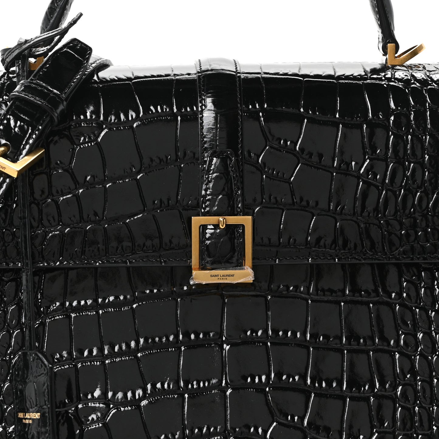 Shiny Calfskin Crocodile Embossed Le Fermoir Top Handle Bag Black