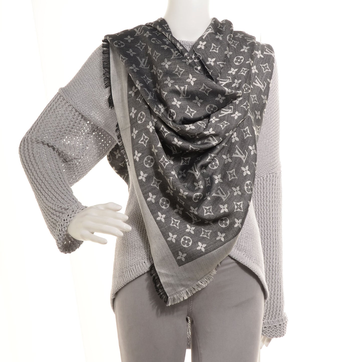 Silk Wool Monogram Denim Shawl Black