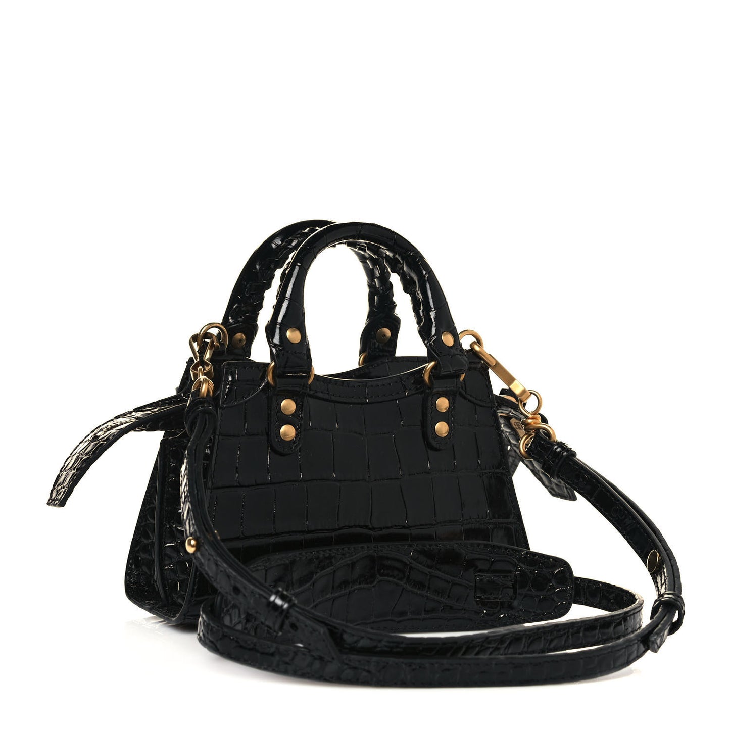 Shiny Supple Calfskin Crocodile Embossed Neo Classic Gold Hardware Super Nano City Crossbody Black