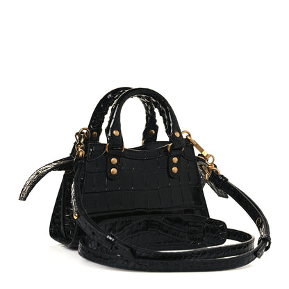 Balenciaga Shiny Supple Calfskin Crocodile Embossed Neo Classic Gold Hardware Super Nano City Crossbody Black 3 of 10