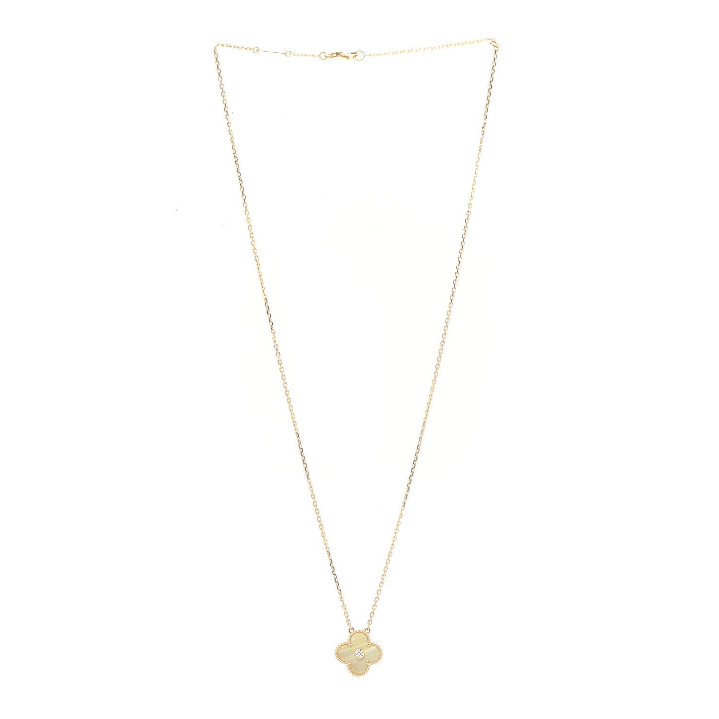 18K Yellow Gold Diamond Yellow Mother of Pearl Vintage Alhambra Pendant Necklace