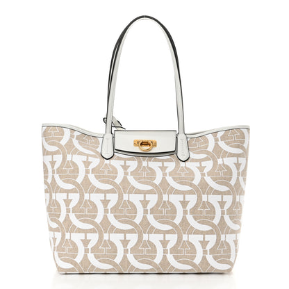 Salvatore Ferragamo Canvas Calfskin Gancini Tote White Beige 3 of 12