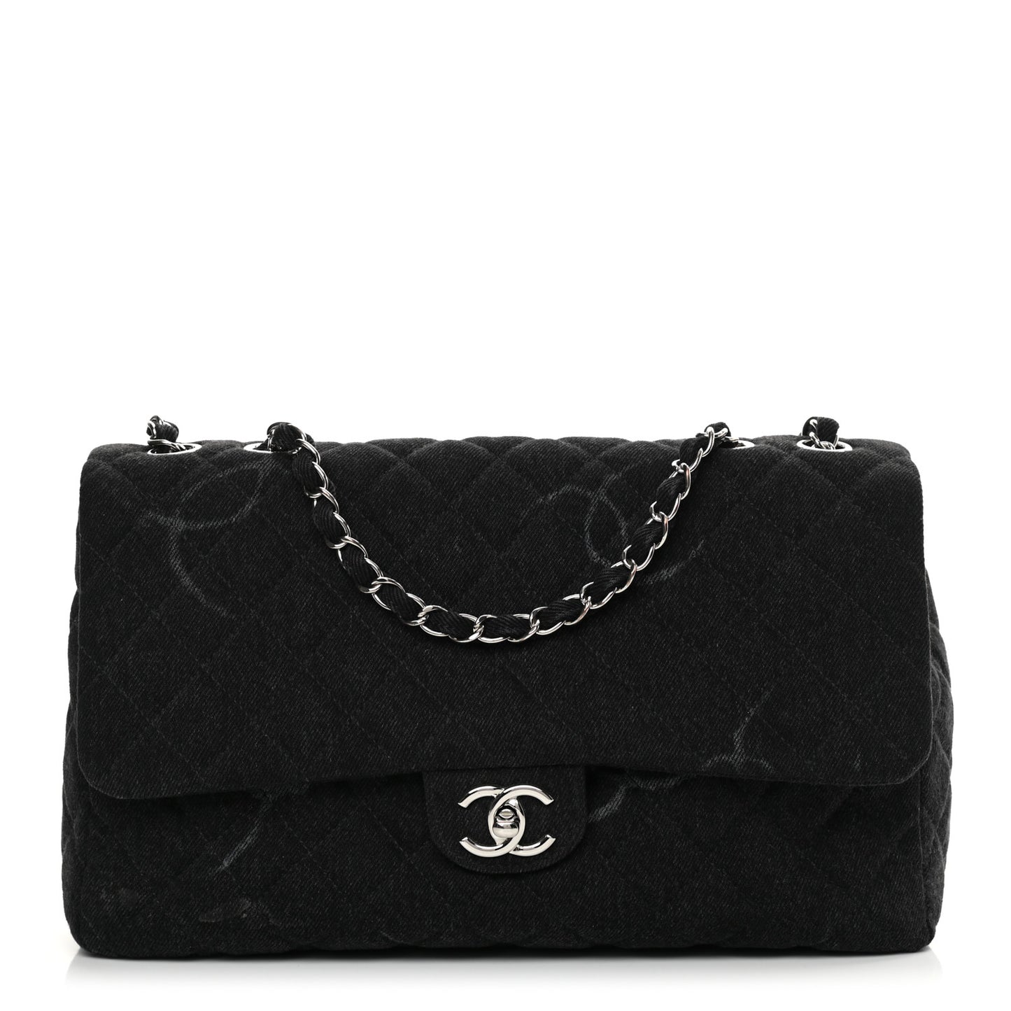 Denim Quilted CC Print Jumbo Single Flap Black