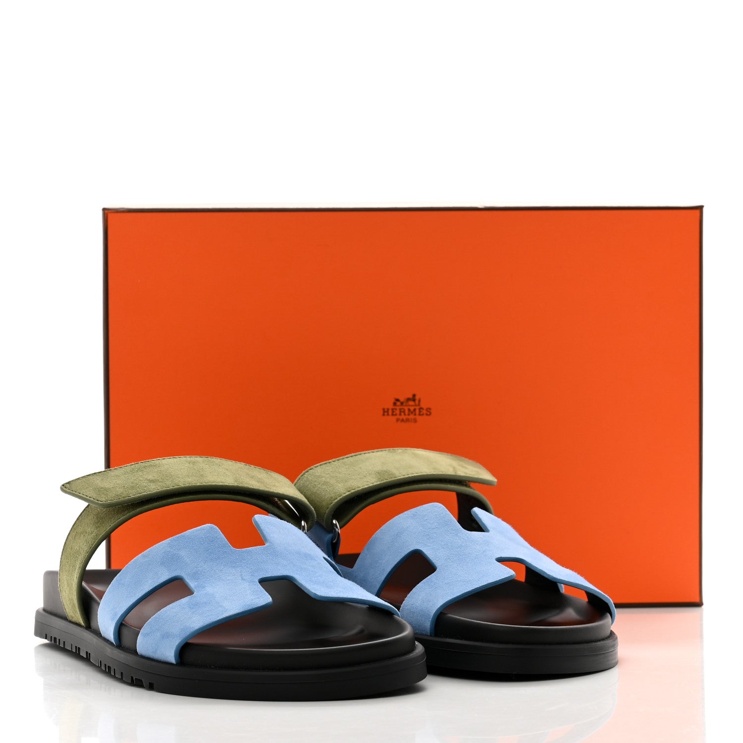 Hermes Suede Goatskin Womens Chypre Sandals 38 Bleu Cameo Vert 9 of 9