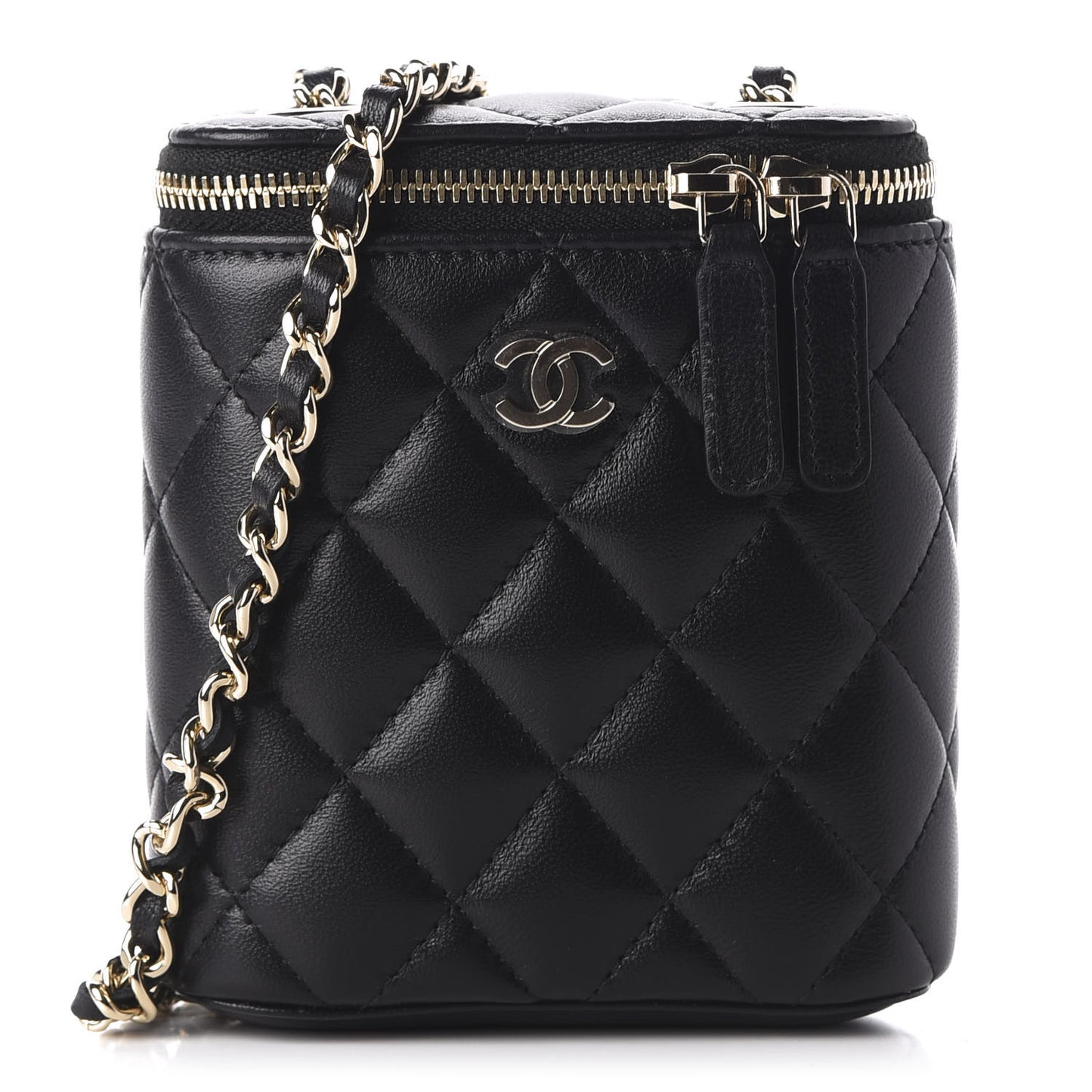Lambskin Quilted Small Vertical Coco Beauty Vanity Case With Chain Black
