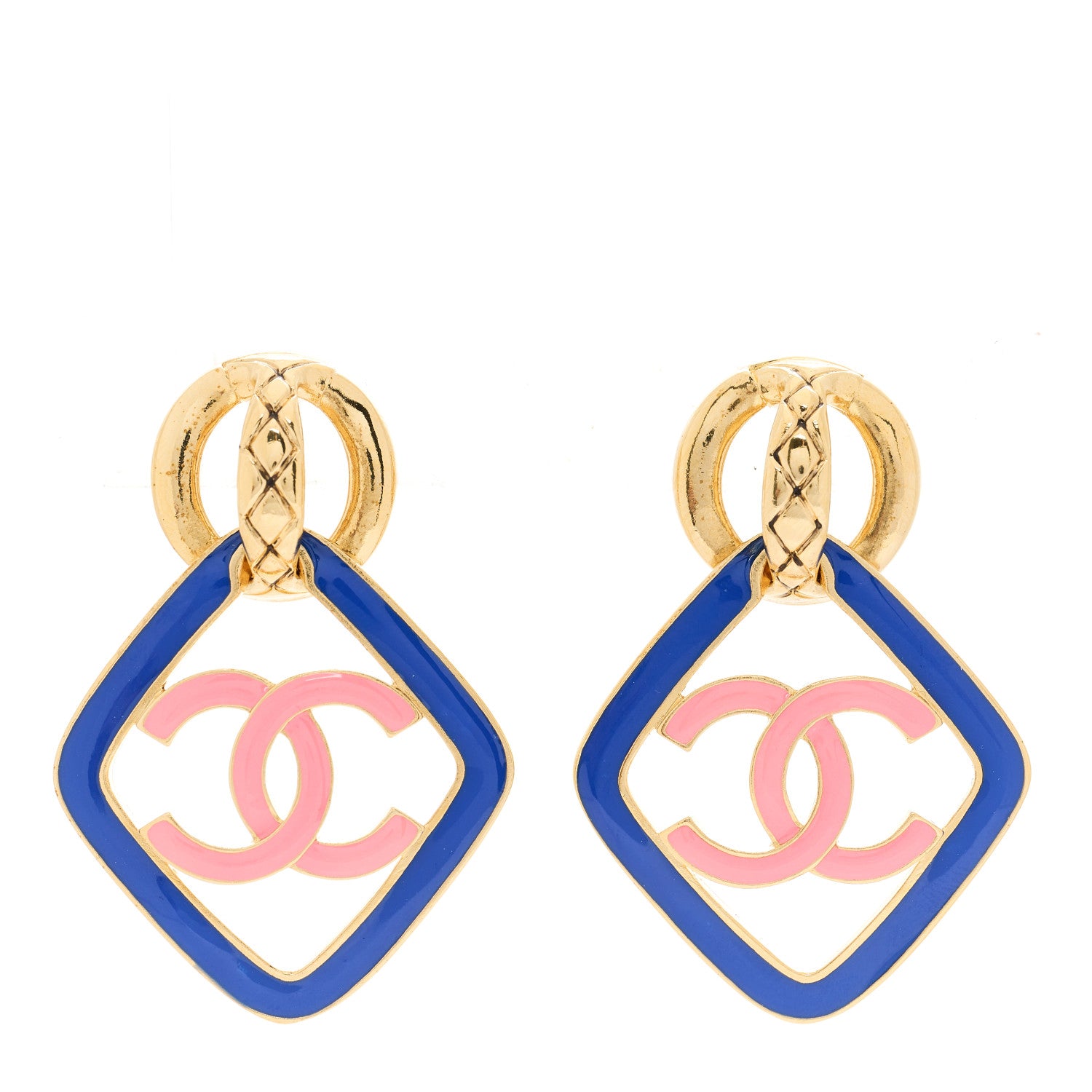 Chanel Metal Resin CC Diamond Clip On Earrings Gold Blue Pink 1 of 3