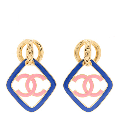 Chanel Metal Resin CC Diamond Clip On Earrings Gold Blue Pink 1 of 3
