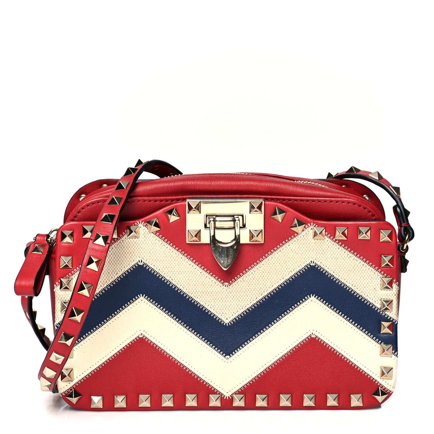 Calfskin Canvas Zig Zag Print Rockstud Flip Lock Camera Crossbody Bag Red Blue