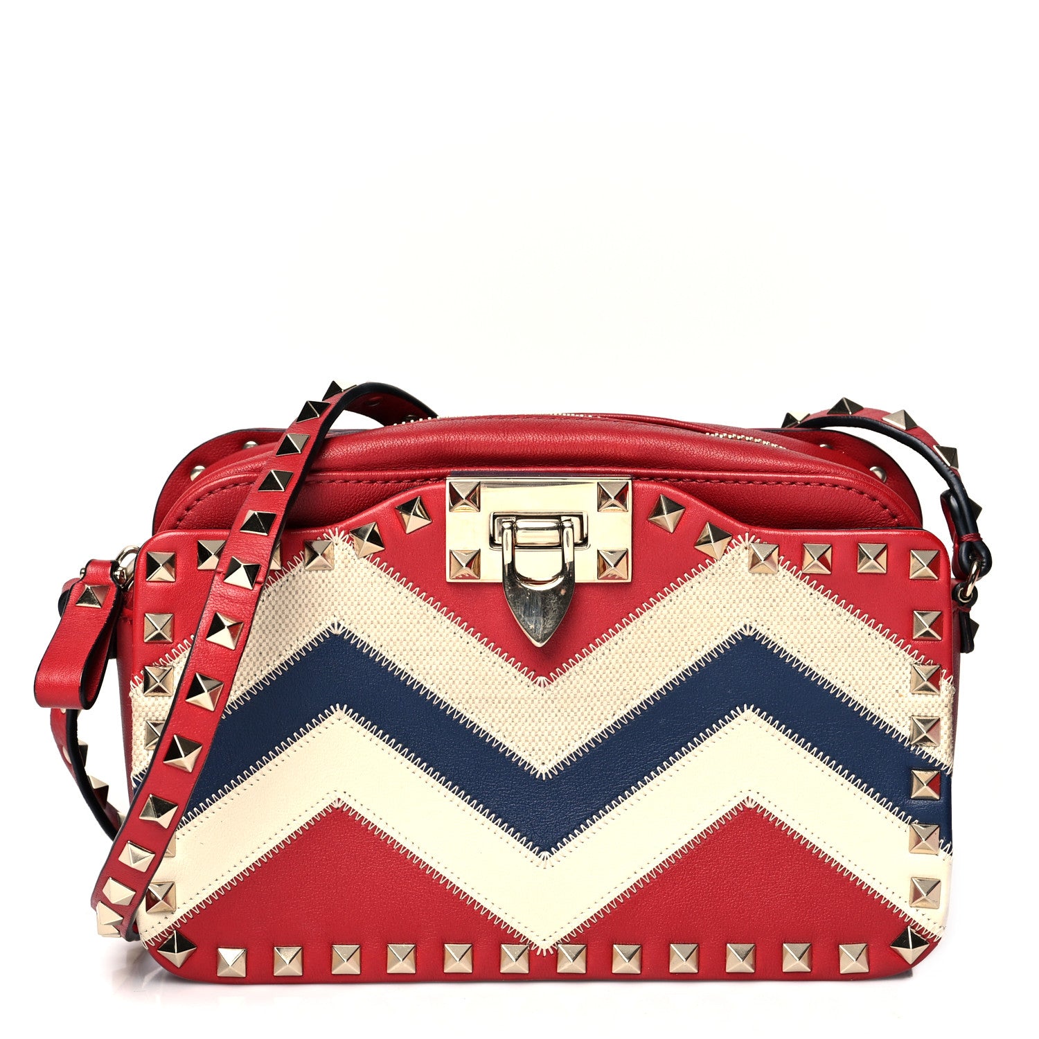 Valentino Garavani Calfskin Canvas Zig Zag Print Rockstud Flip Lock Camera Crossbody Bag Red Blue 1 of 11