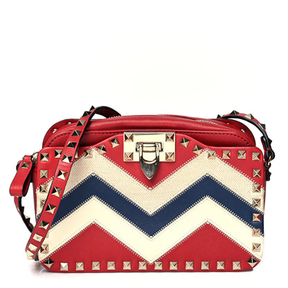 Valentino Garavani Calfskin Canvas Zig Zag Print Rockstud Flip Lock Camera Crossbody Bag Red Blue 1 of 11
