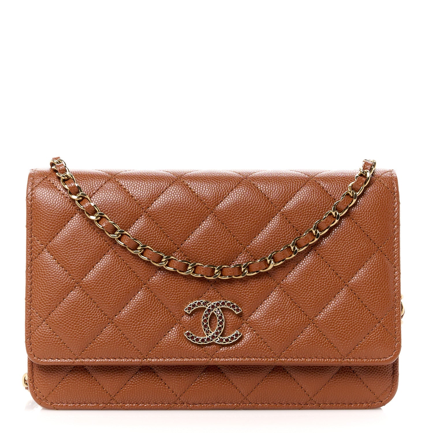 Chanel Shiny Caviar Quilted Strass Wallet On Chain WOC Light Brown 1 of 12