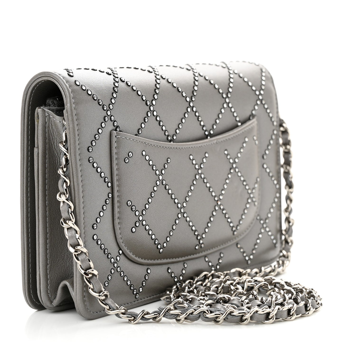 Lambskin Crystal Quilted Wallet On Chain WOC Grey
