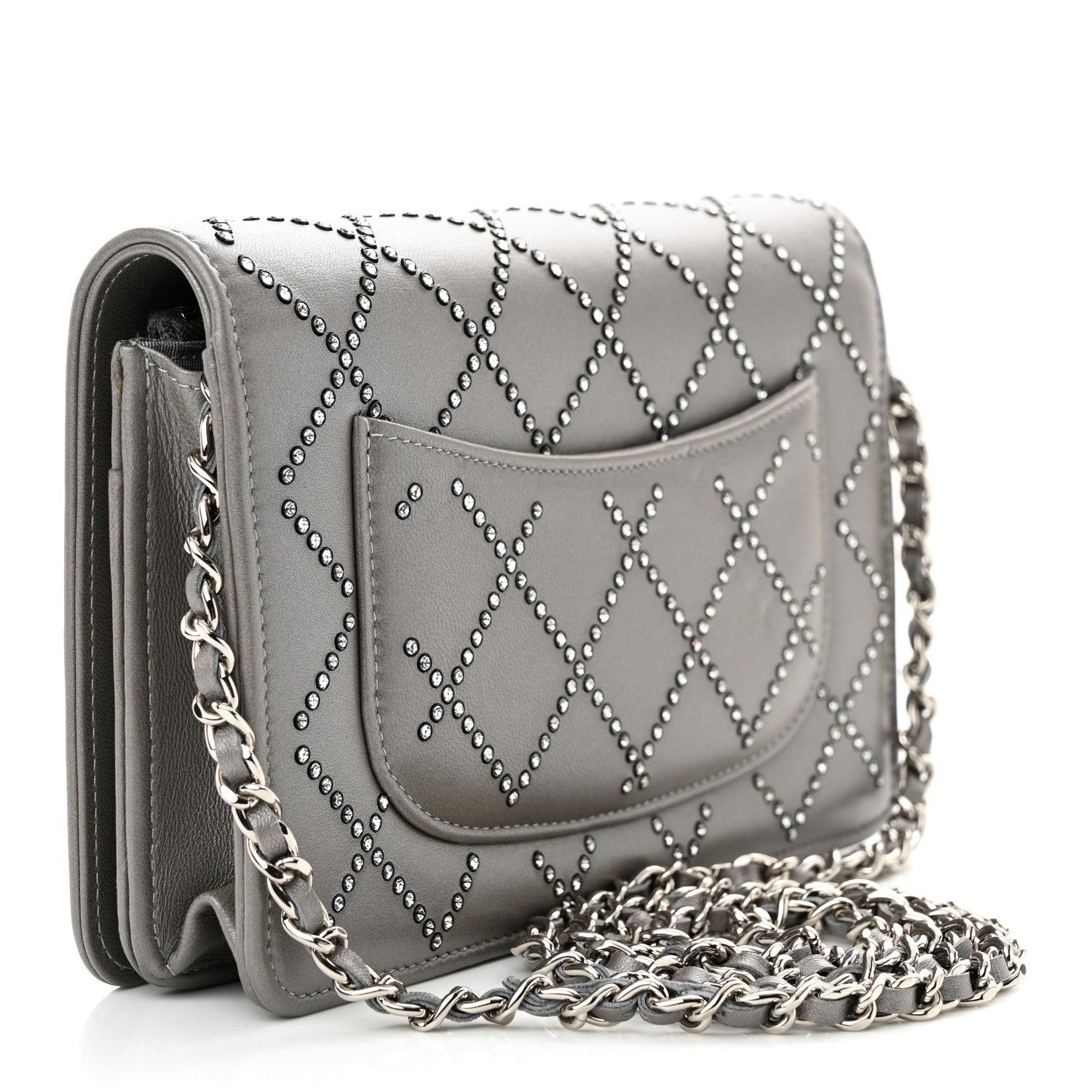 Chanel Lambskin Crystal Quilted Wallet On Chain WOC Grey 3 of 15