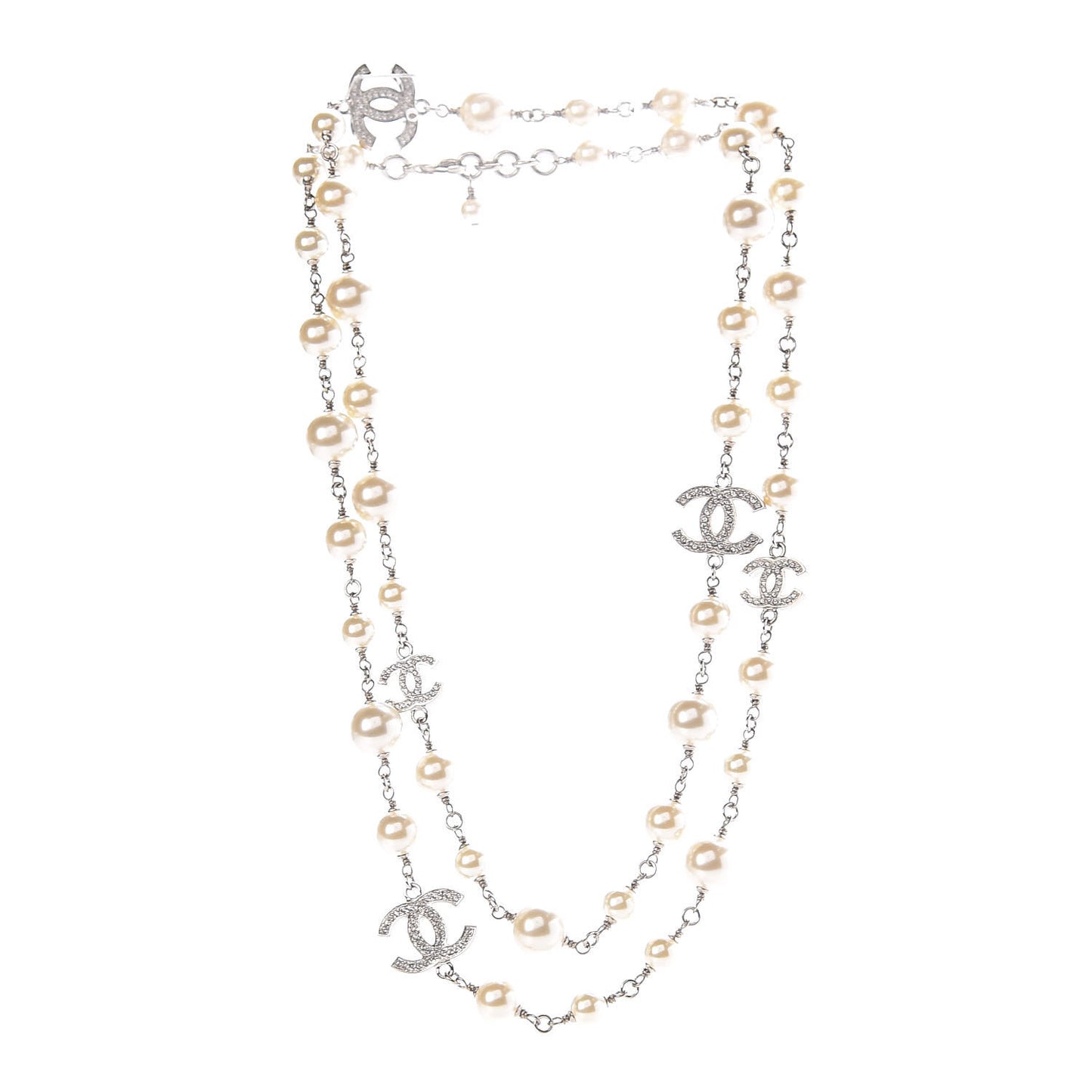 Crystal Pearl CC Long Necklace Silver