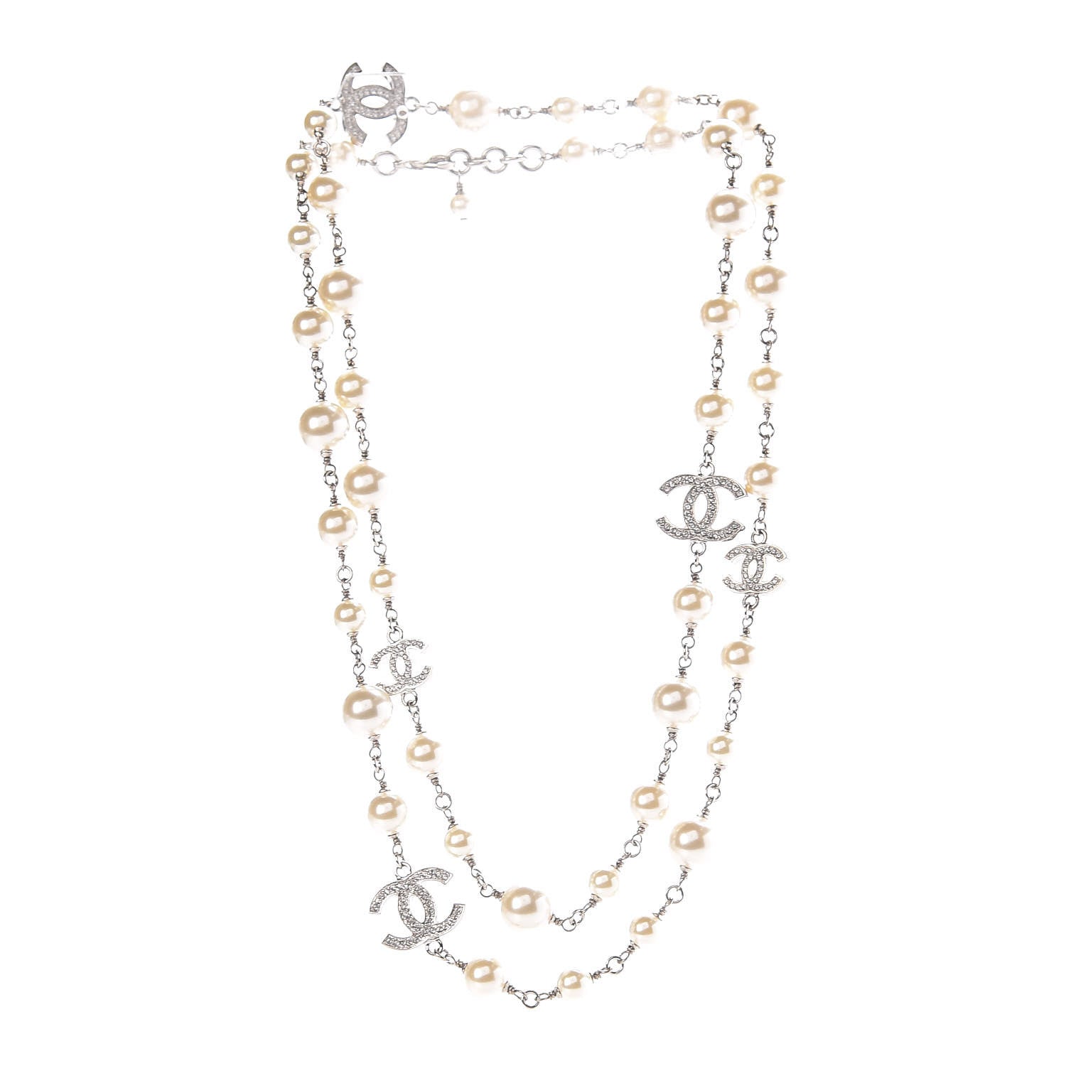 Chanel Crystal Pearl CC Long Necklace Silver 3 of 6