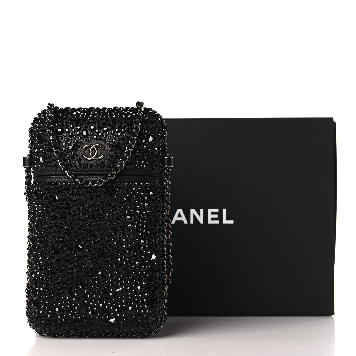 Chanel Satin Crystal Chain Around Phone Holder Black 10 of 10