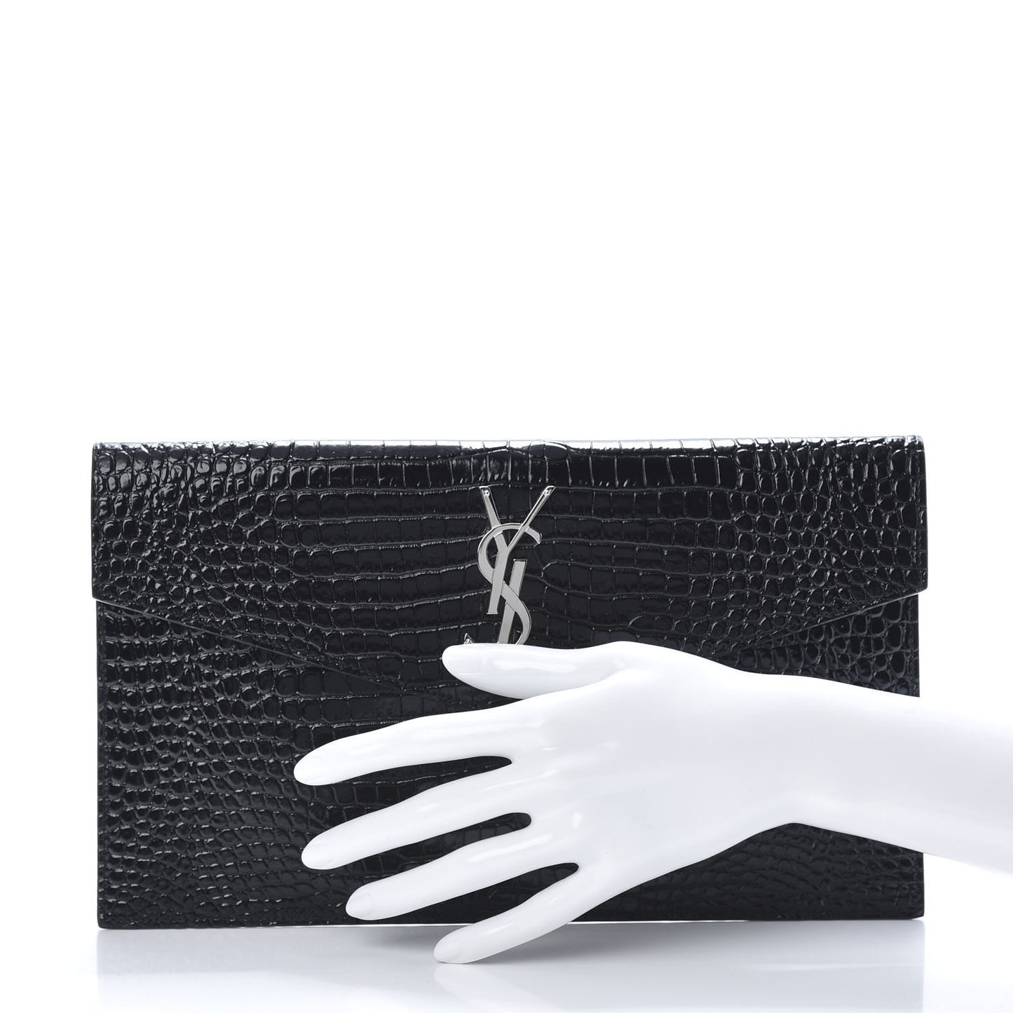 Calfskin Crocodile Embossed Uptown Monogram Clutch Black