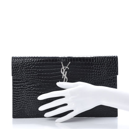 Saint Laurent Calfskin Crocodile Embossed Uptown Monogram Clutch Black 2 of 8