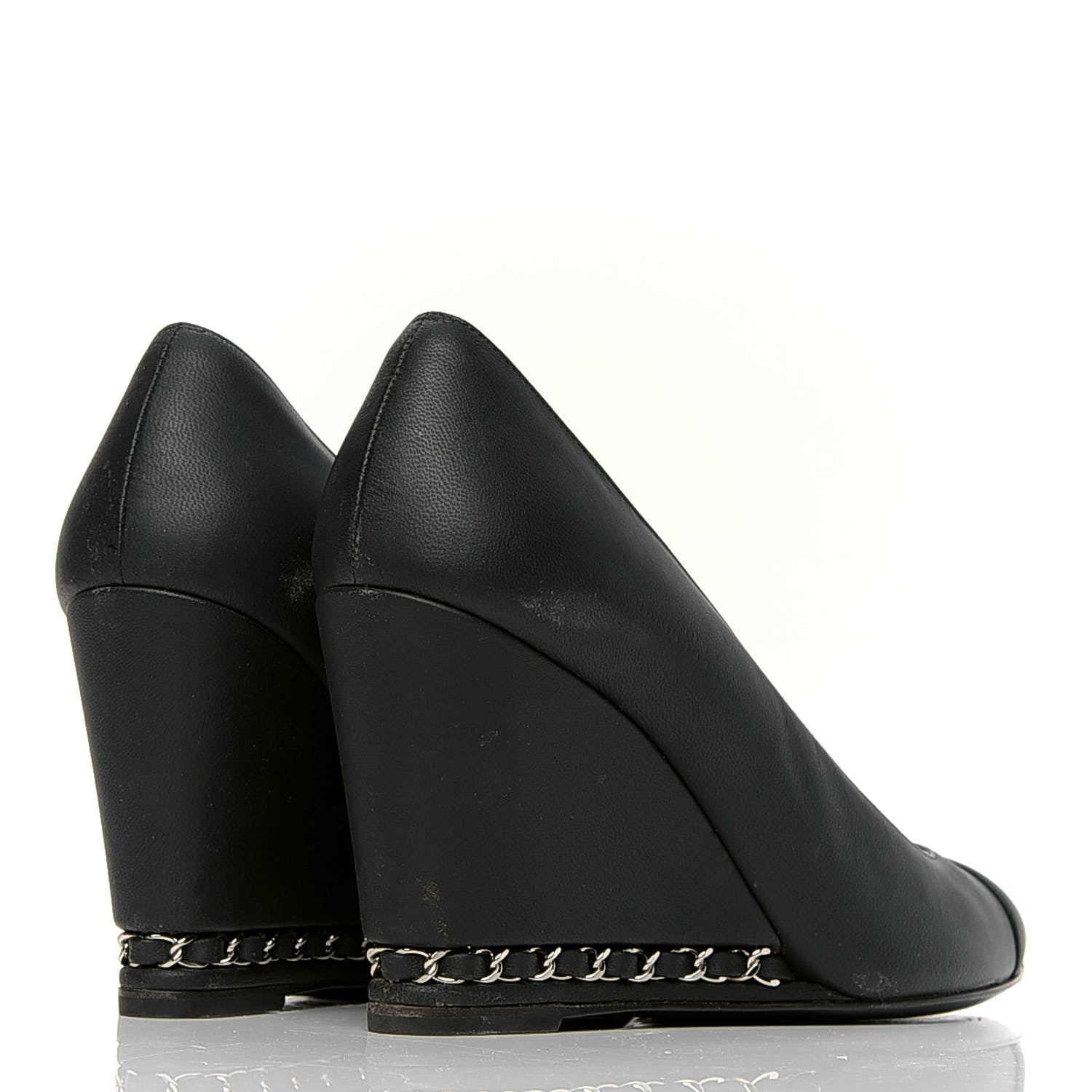Chanel Calfskin Cap Toe Chain Wedge Pumps 38.5 Black 3 of 7