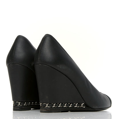 Chanel Calfskin Cap Toe Chain Wedge Pumps 38.5 Black 3 of 7