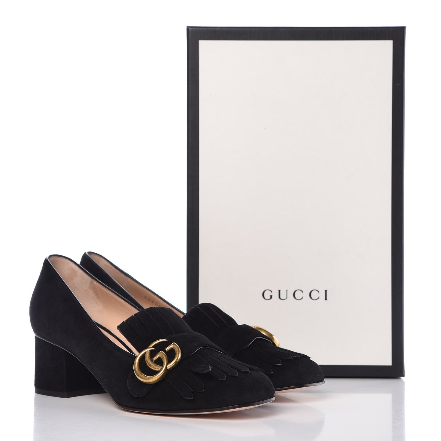 Kid Scamosciato GG Marmont Fringe 50mm Loafer Pumps 38.5 Black