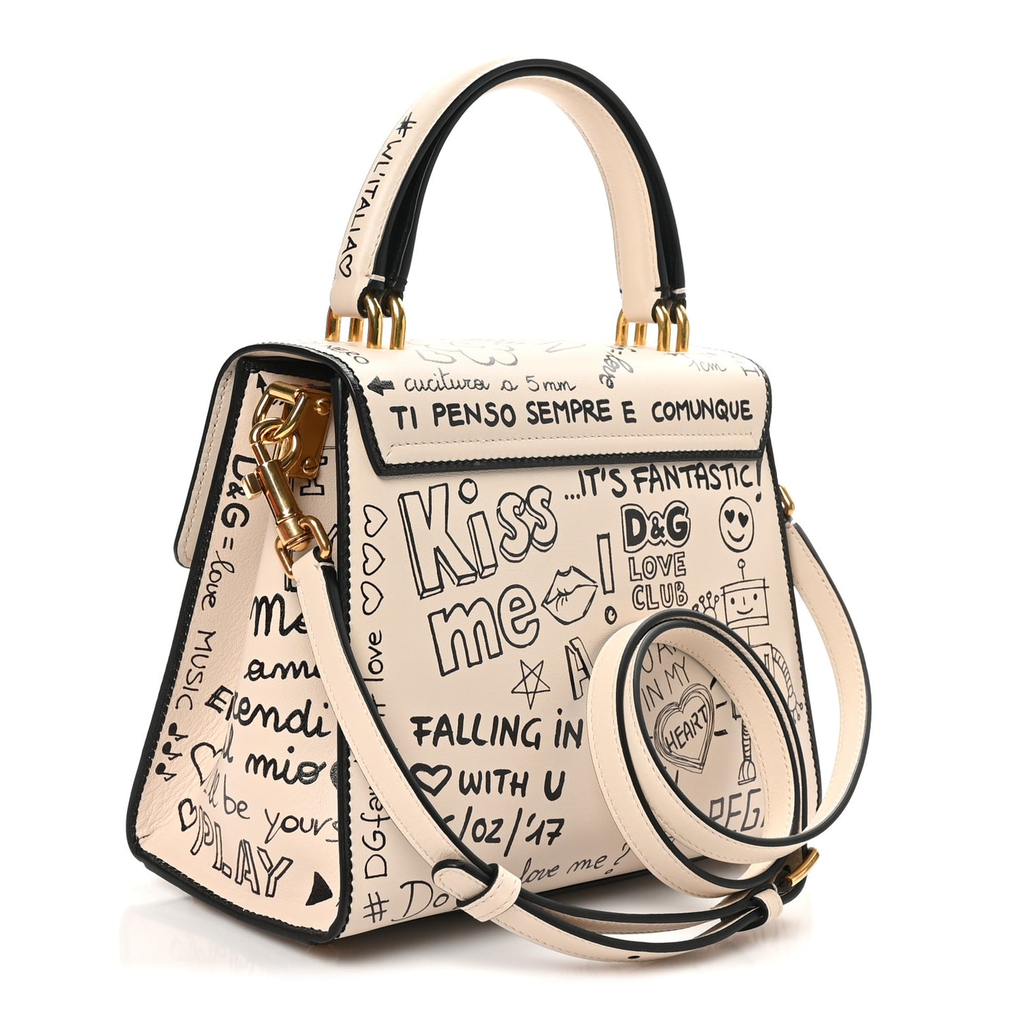 Calfskin Graffiti Printed Welcome Satchel White Black