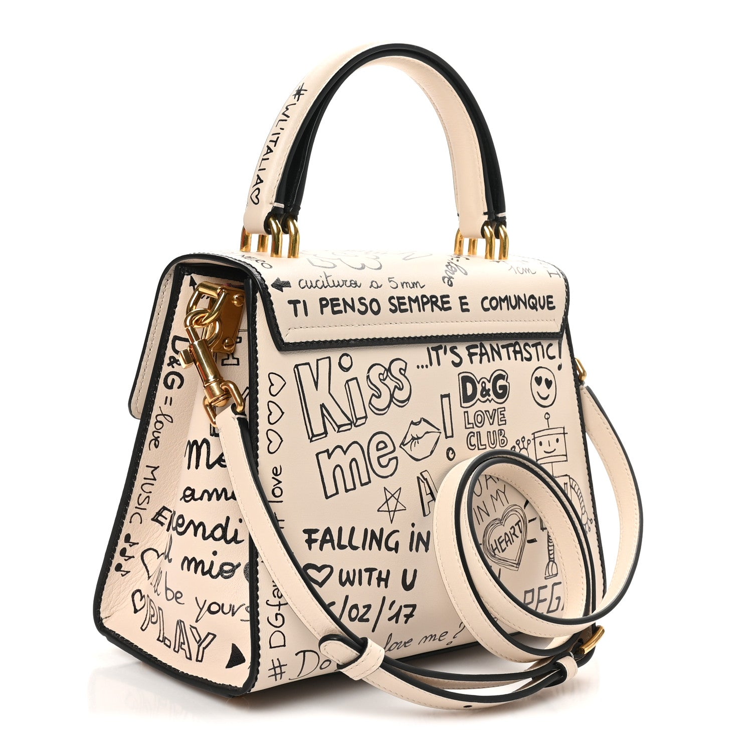Dolce & Gabbana Calfskin Graffiti Printed Welcome Satchel White Black 3 of 9