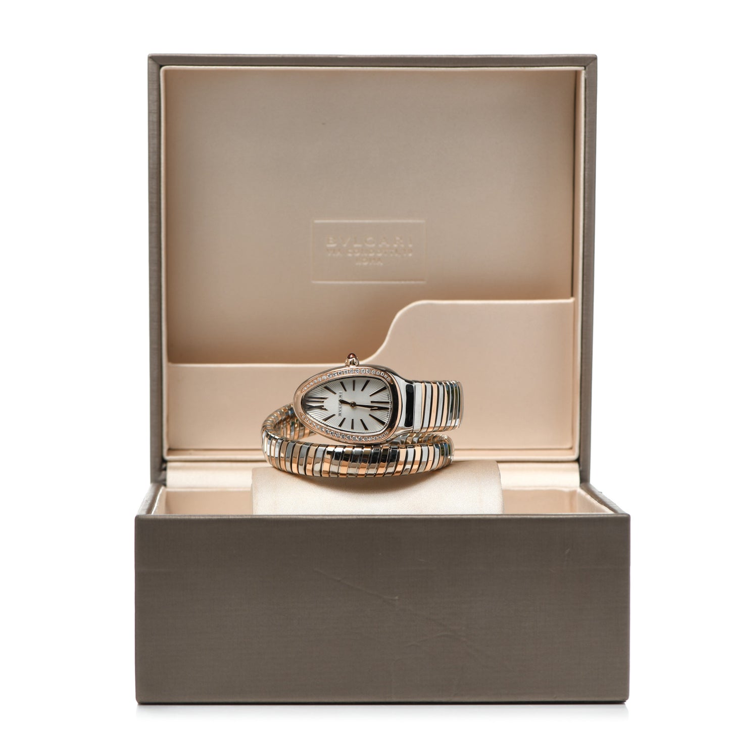 Stainless Steel 18K Rose Gold Diamond Bezel 35mm Serpenti Tubogas Quartz Watch