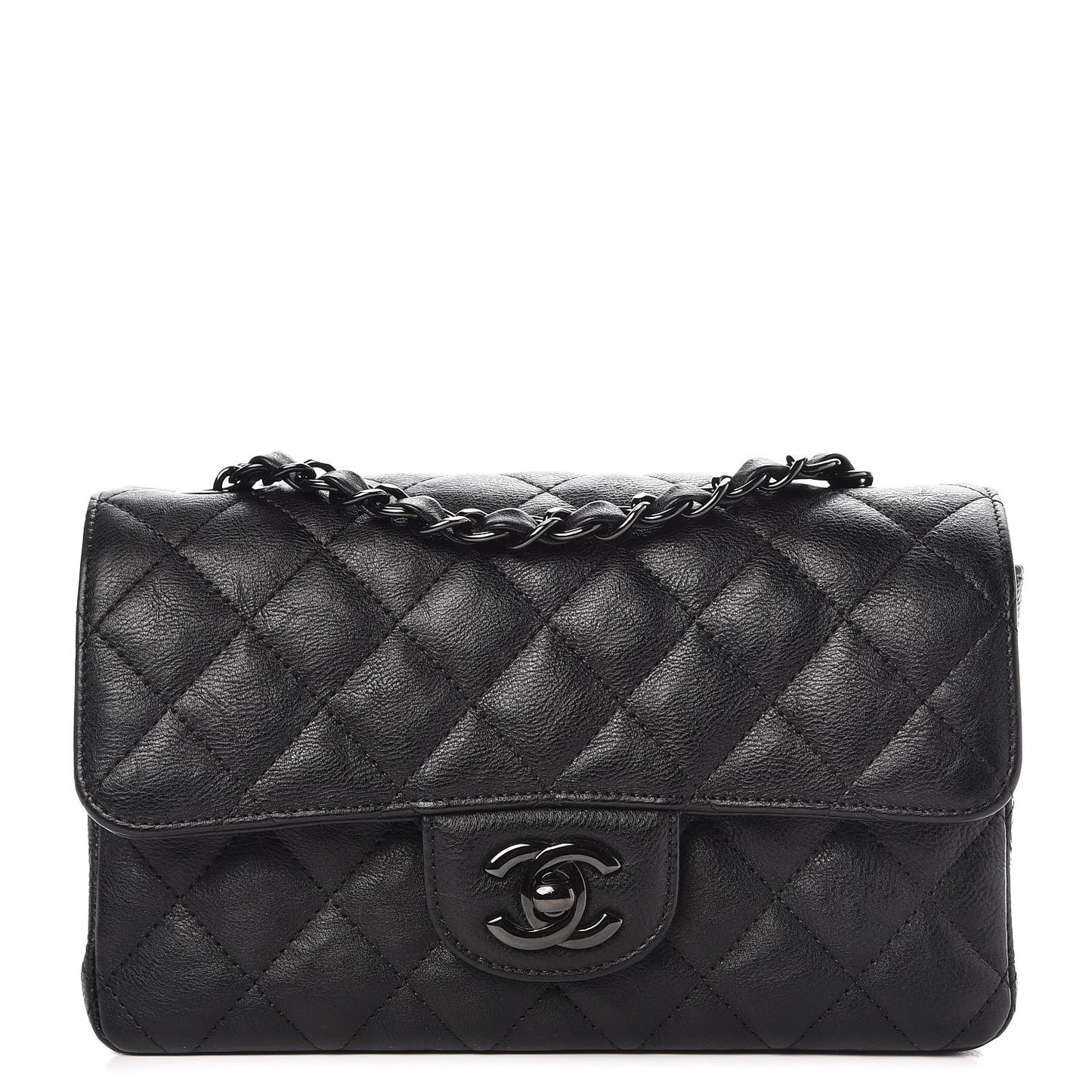 Crumpled Calfskin Quilted Mini Rectangular Flap So Black