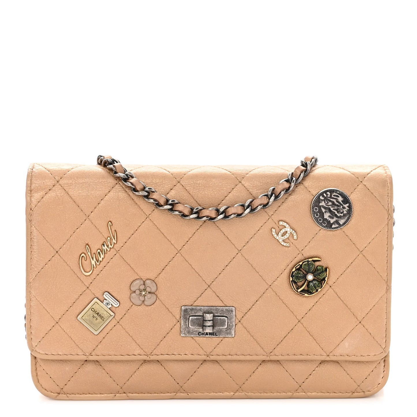 Metallic Calfskin Lucky Charms Casino 2.55 Reissue Wallet On Chain WOC Beige