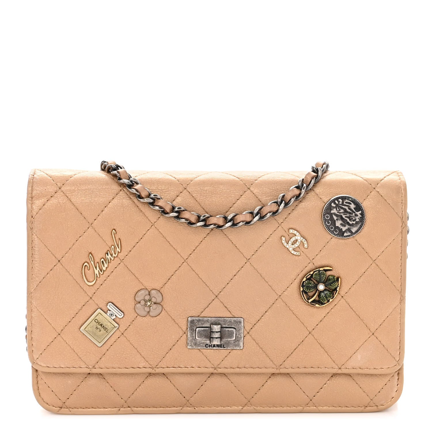 Chanel Metallic Calfskin Lucky Charms Casino 2.55 Reissue Wallet On Chain WOC Beige 1 of 10