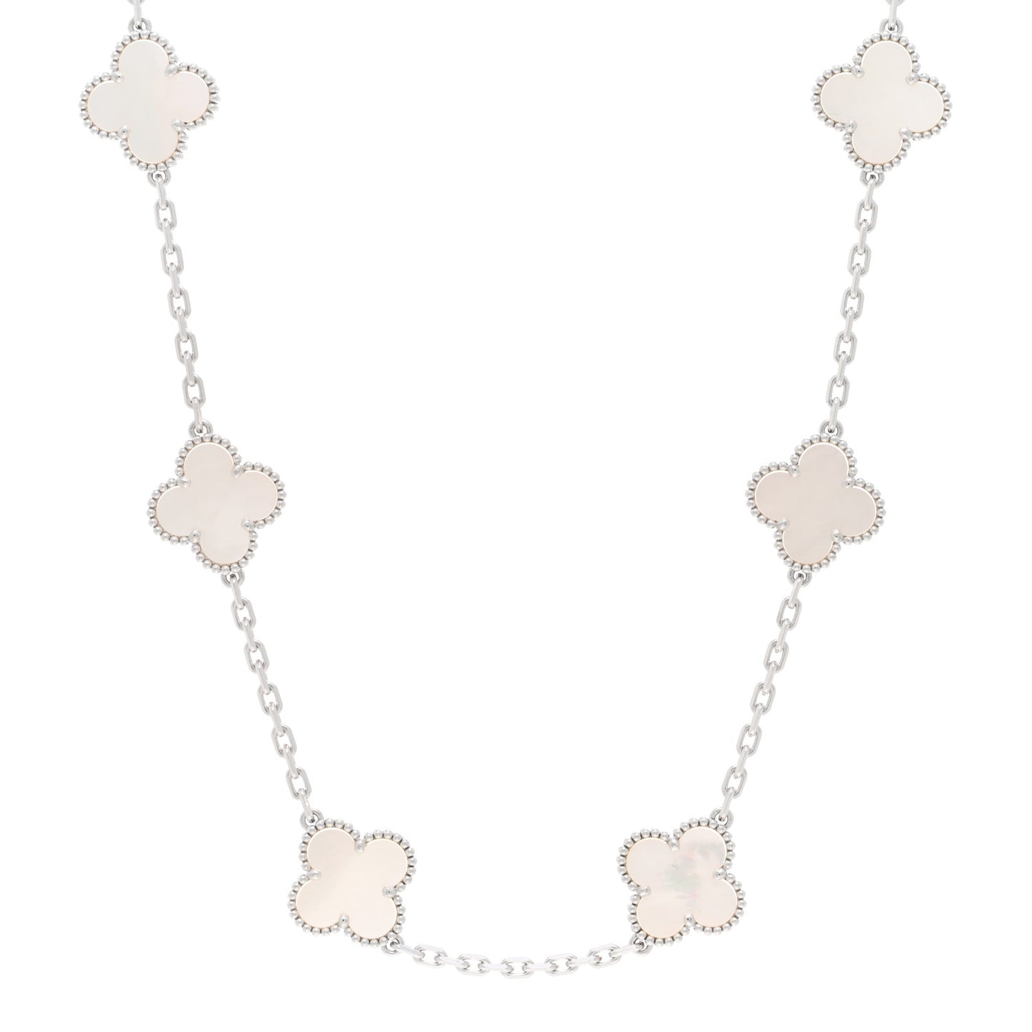 18K White Gold Mother of Pearl 10 Motifs Vintage Alhambra Necklace