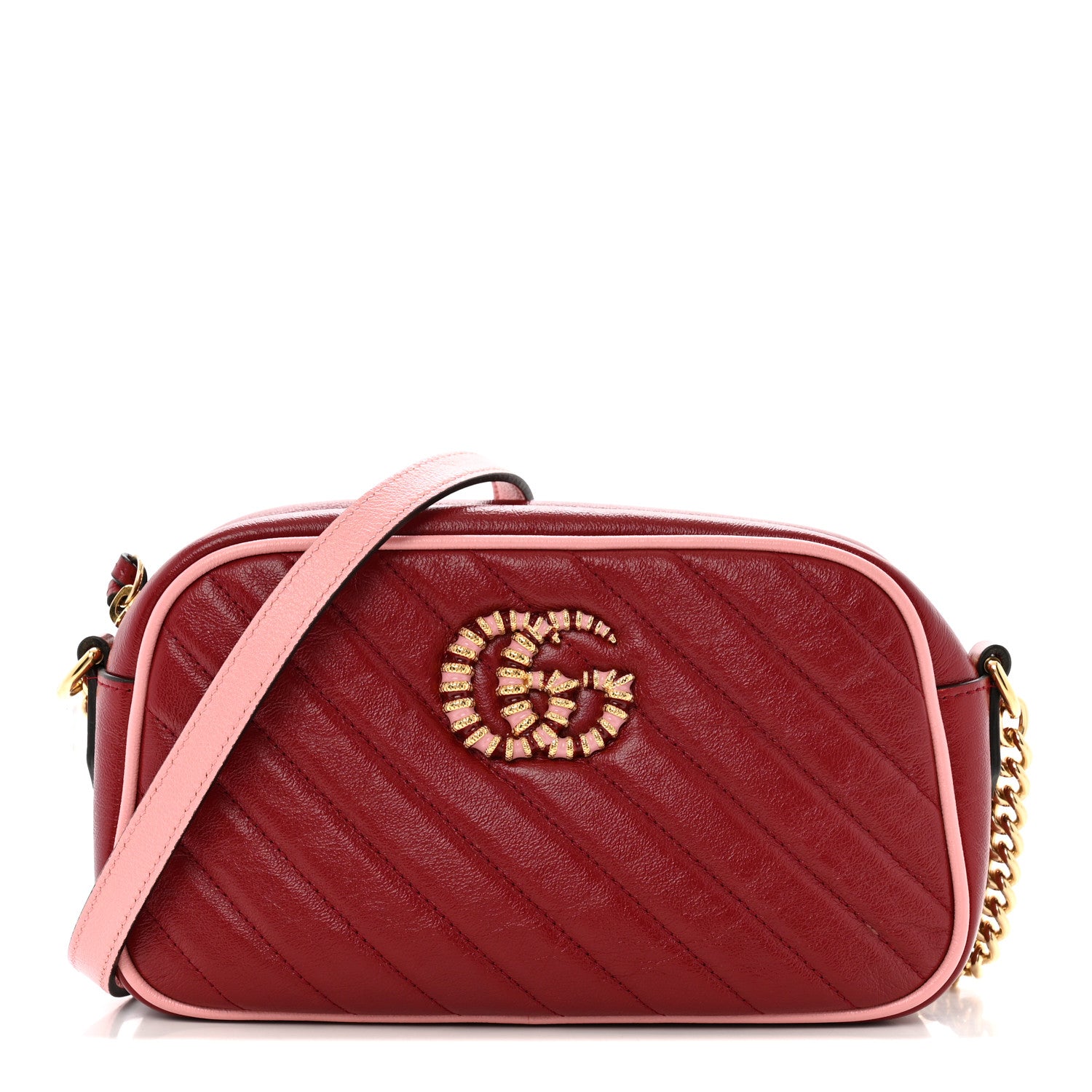Gucci Azalea Calfskin Enamel Matelasse Diagonal Small Torchon GG Marmont Chain Shoulder Bag New Cherry Red Wild Rose 1 of 12