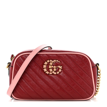 Gucci Azalea Calfskin Enamel Matelasse Diagonal Small Torchon GG Marmont Chain Shoulder Bag New Cherry Red Wild Rose 1 of 12