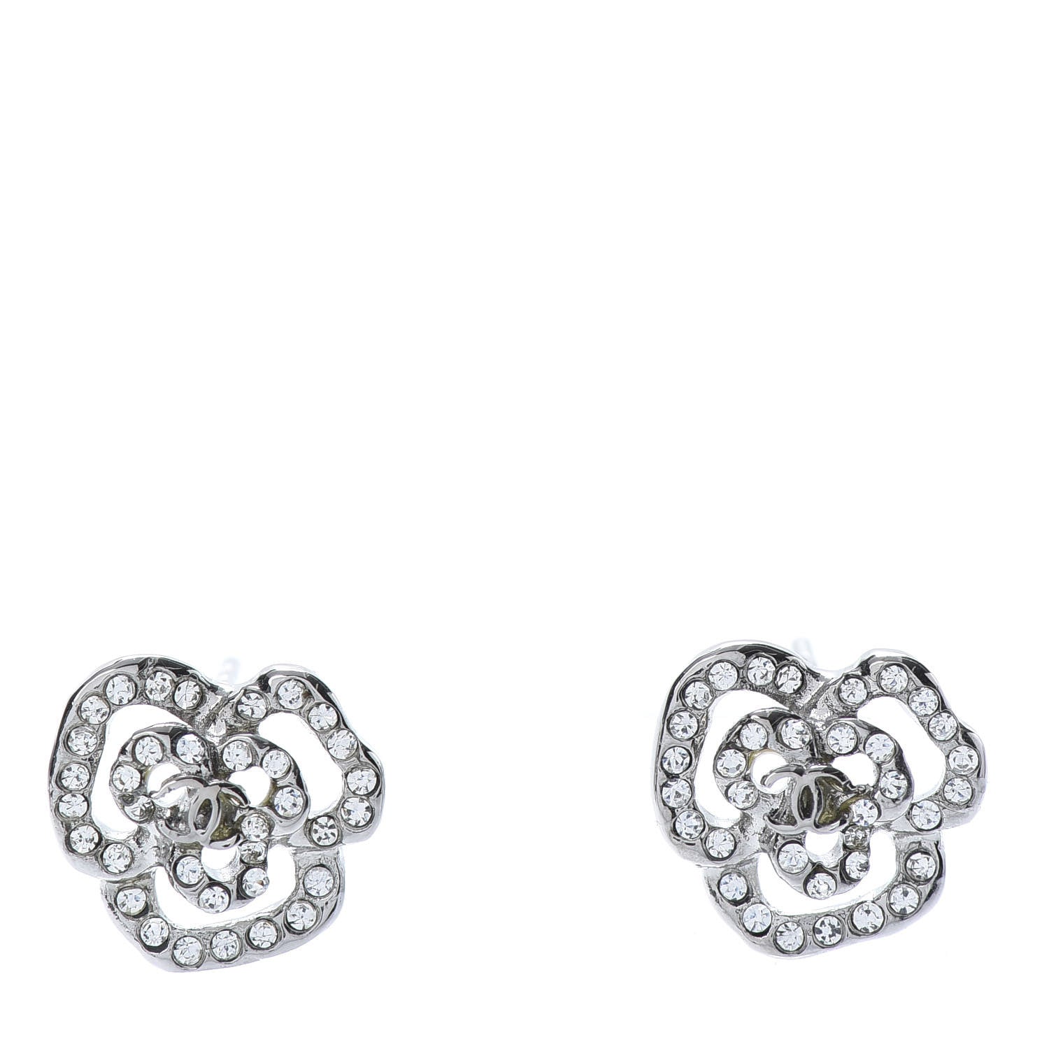 Chanel Crystal CC Camellia Earrings Silver 1 of 5