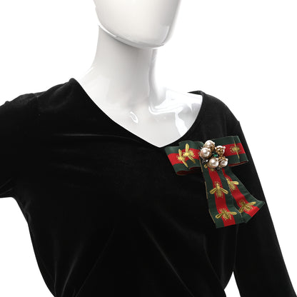 Gucci Ribbon Web Bow Bee Pearl Brooch Red Green 3 of 10